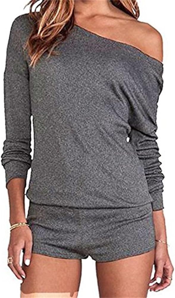 MAGICMK Women's Casual One Off Shoulder Long Sleeve Plain Jumpsuit One Piece Rompers