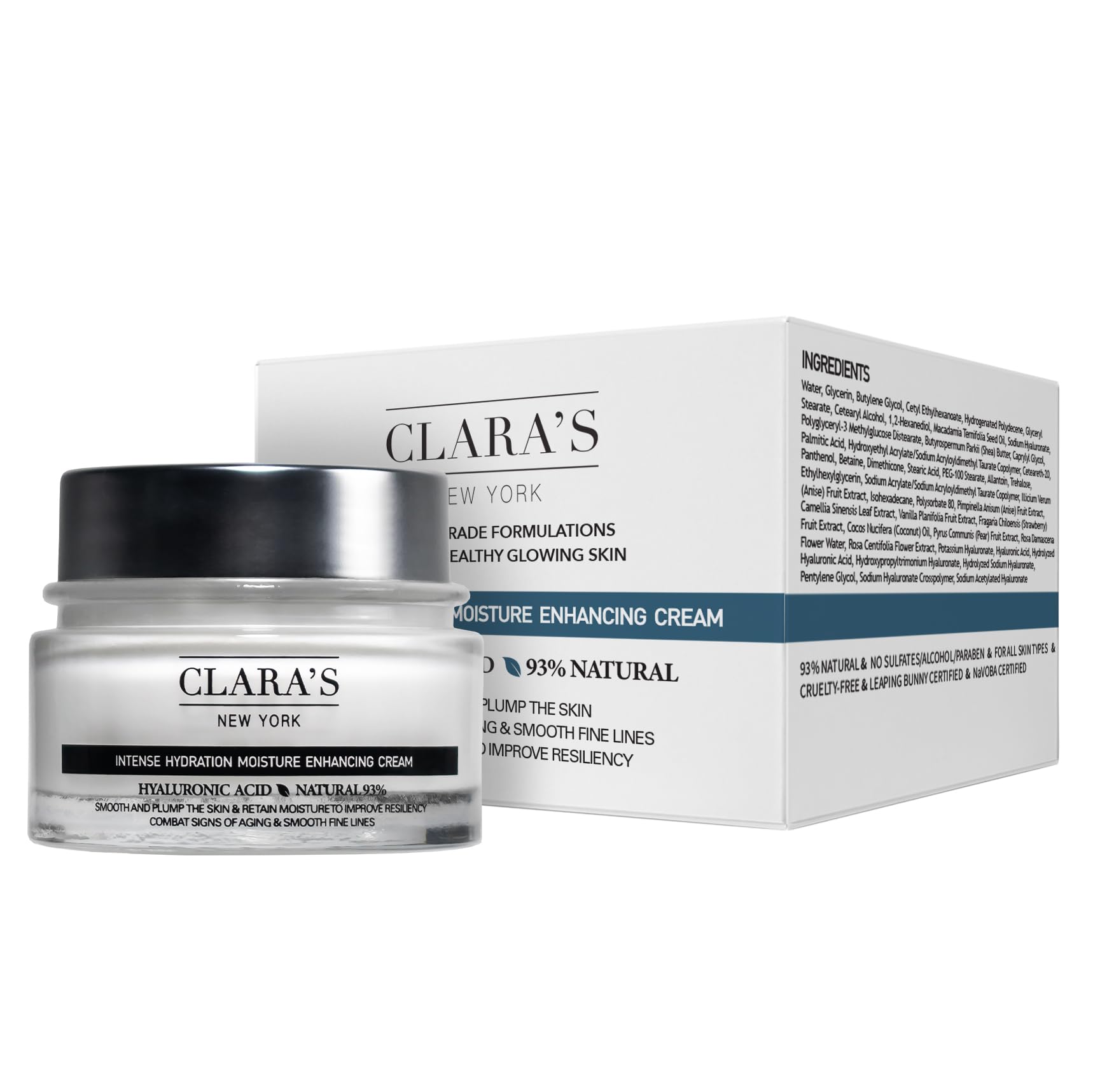 Clara's New York Intense Hydration Moisture Enhancing Cream, Anti-Aging Hyaluronic Acid Face Cream to Smooth and Plump Skin, Retains Moisture, Suitable for All Skin Types 50ml