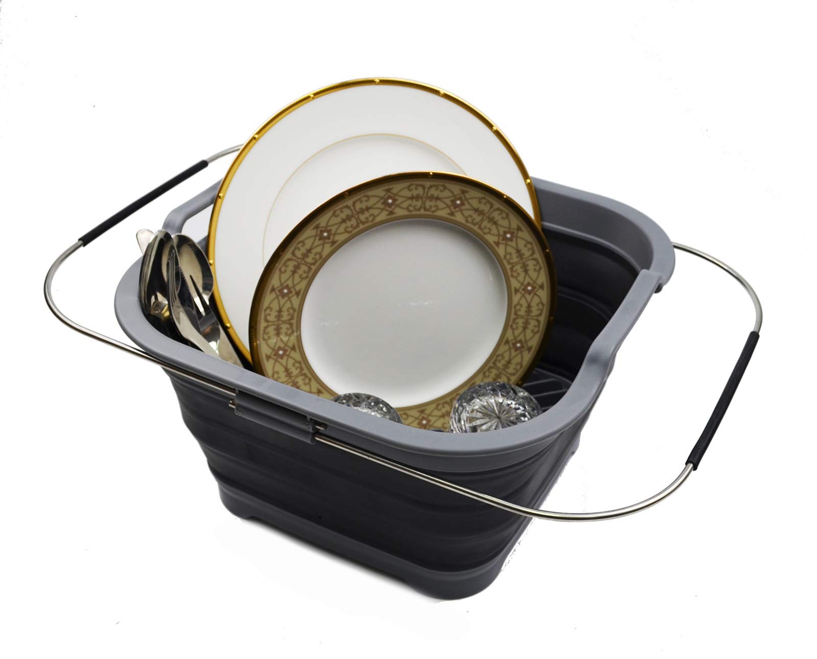 SAMMART 12L Expandable & Collapsible Plastic Dish Drainer-Foldable Drying Rack-Portable Dinnerware Organizer-Space Saving Kitchen Storage Tray (Grey/Black)