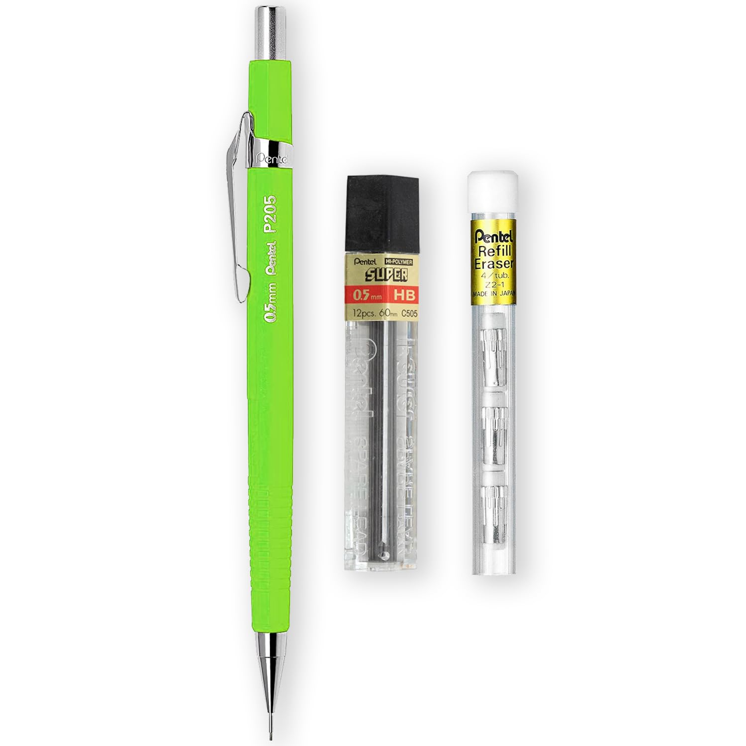 Pentel P205-97C Mechanical Automatic Pencil - Fluorescent Range - Single + 12 Hi-Polymer HB 0.5mm Refill Leads + Z2-1N Eraser Refills Tube of 4 (Fluorescent Green)