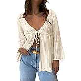 Saodimallsu Womens Summer Lightweight Tie Front Cardigans Crochet Knit Long Bell Sleeve Casual V Neck Beach Cover Ups