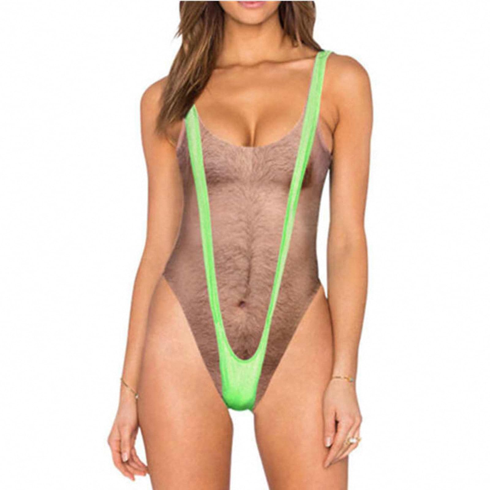 Photo 1 of Deresagrl One Piece Swimsuits for Women Hairy Chest Bathing Suit Funny Novelty Fake Muscles Beachwear Borat Swimsuit Green