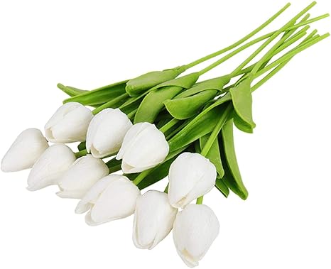 Amazon 結婚式 誕生日パーティーホーム装飾花人工ローズ チューリップの花のヘッドpuフェイクdiyと庭 チューリップ 白 10個入り 造花 オンライン通販