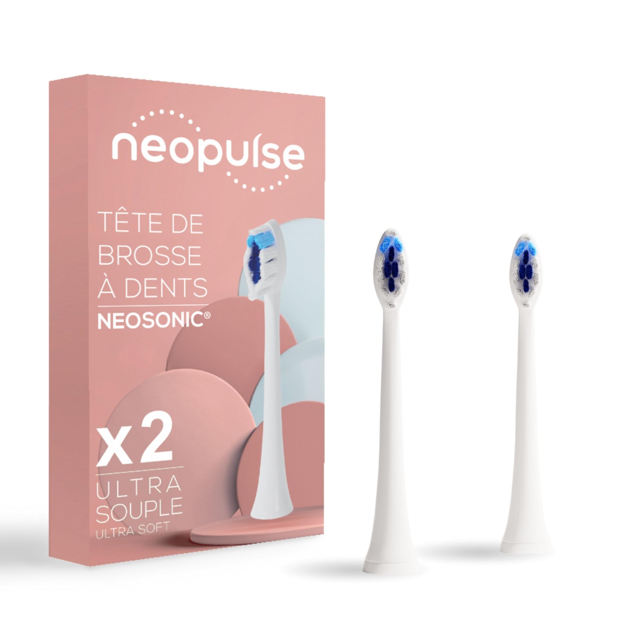 NEOPULSE® - Pack of 2 Ultra-soft White Nylon Brush Heads Refills for NEOSONIC® Sonic Electric Toothbrush - NEOKIDS Compatible - 3D: Short and Long Strands - Wear Indicator