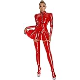 THSCWY Womens Latex Zipper Long Sleeve Mini Dress Faux Leather Stand Collar Bodycon Party Club Dresses