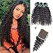 Perstar Deep Wave Bundles with Closure Brazilian Virgin Hair Bundles and Closure Wet and Wavy Human Hair Weave Bundles for Black Women 100% Remy Human Hair Bundles with Closure 16 18 20+16 free part