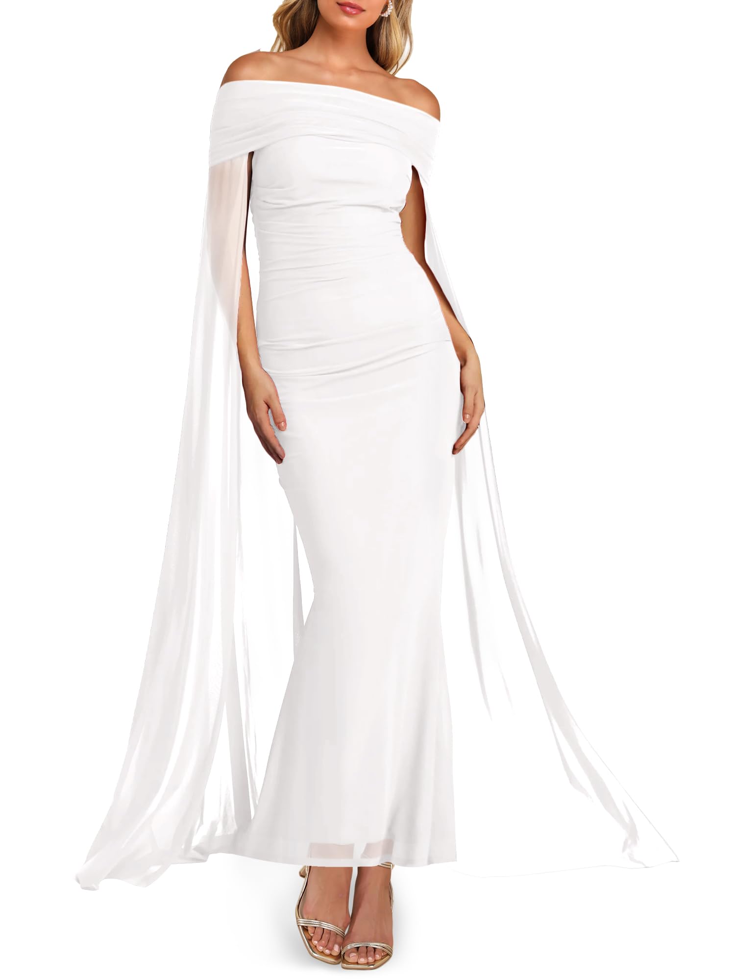 Photo 1 of Lrady Wedding Guest Dresses for Women Sexy Off The Shoulder Elegant Formal Cocktail Maxi Dress with Cape, White, XX-Large