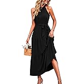 PRETTYGARDEN Women's Summer Floral Maxi Sun Dress Sleeveless Halter Neck Flowy Ruffle Hem Long Boho Dresses with Belt