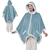 Sealy Heated Throw Wearable Shawl Wrap with Pockets, Reversible Flannel to Sherpa Electric Blanket Hoodie Poncho with 6 Heating Levels & 2-10 Hours Time Settings, 50 X 60 Inch, Light Blue