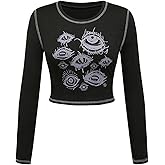 SOLY HUX Women's Graphic Tees Y2k Gothic Eye Print Long Sleeve T Shirt Crop Going Out Tops Punk Vintage Fall Clothes