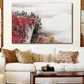 Canvas Wall Art - Chinese Ink Painting Style Red Mountain Cliff with Clouds - Giclee Print Gallery Wrap Modern Home Art Ready to Hang - 12x18 inches