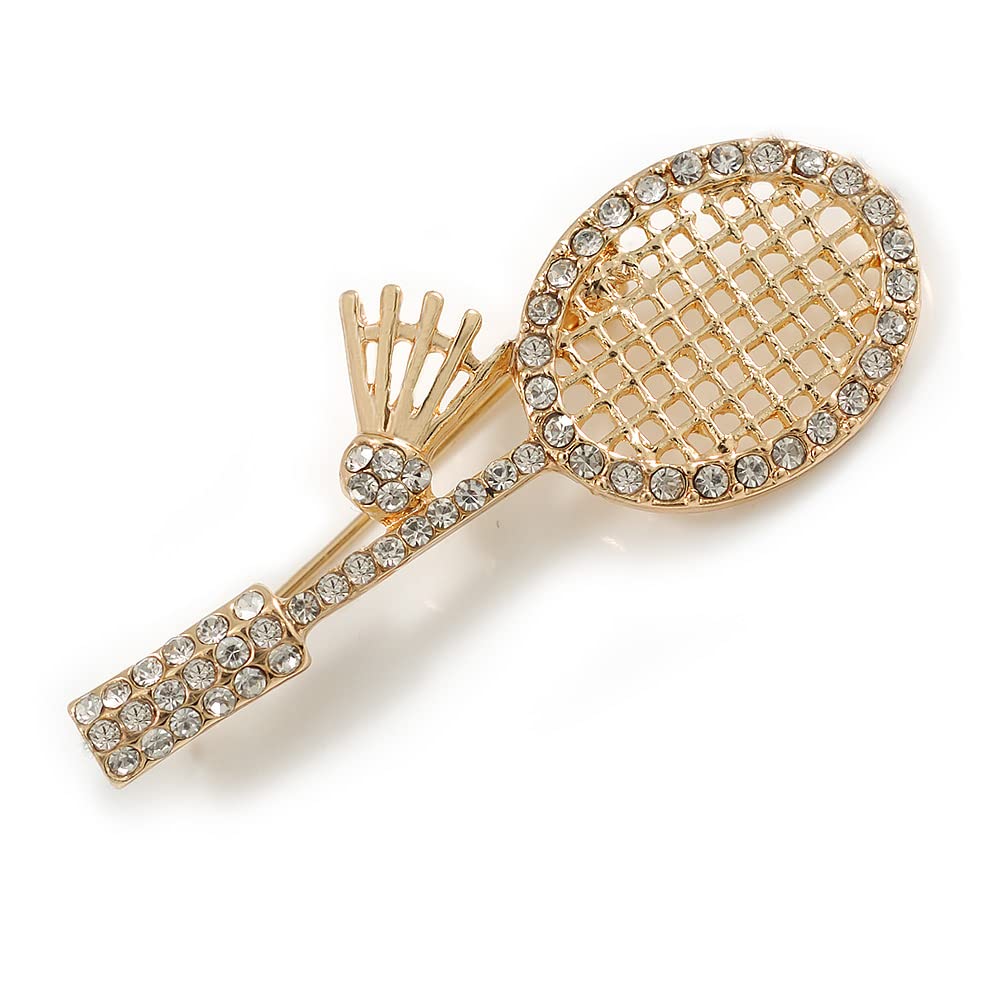 Gold Tone Clear Crystal Badminton Racket/Badminton Racquet Brooch - 50mm Tall