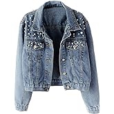 Kedera Women Oversized Denim Jacket Embroidered Pearls Beading Jeans Coat