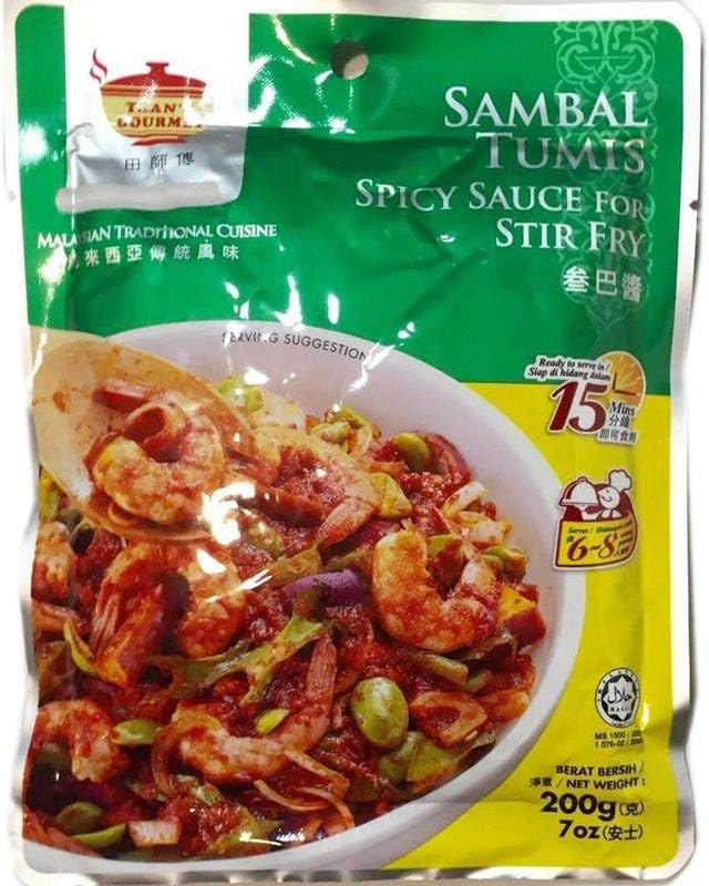 Tean's Gourmet Malaysian Traditional Cuisine Sambal Tumis Spicy Sauce for Stir Fry Chili Paste 田师傅参巴辣椒酱 7oz