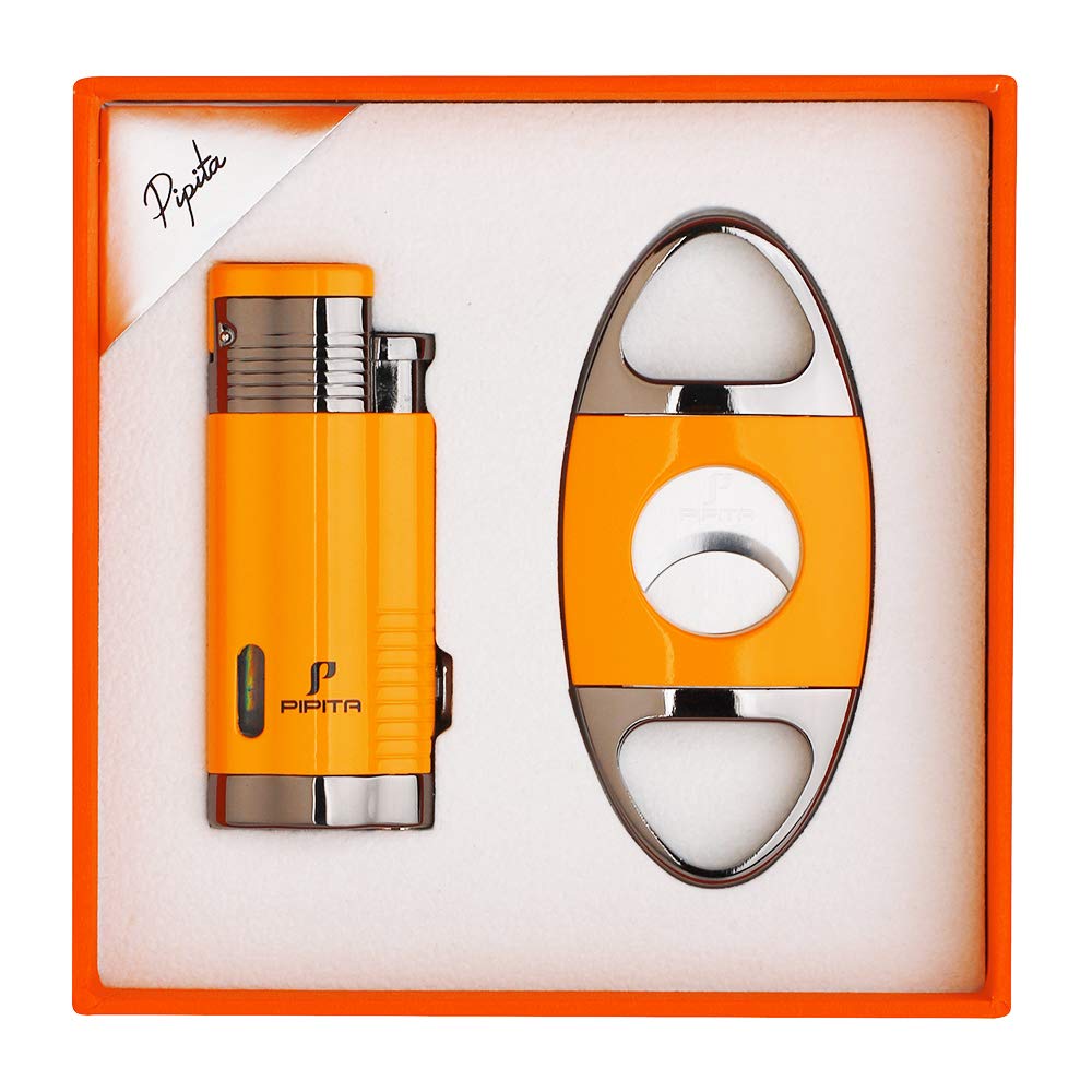 PIPITA Cigar Torch Lighter Gift Set,Windproof Triple Jet Flame Torch Cigar Lighter with Punch and Cutter Set, Refillable Buntane gas Lighters (Without Gas) (Yellow)