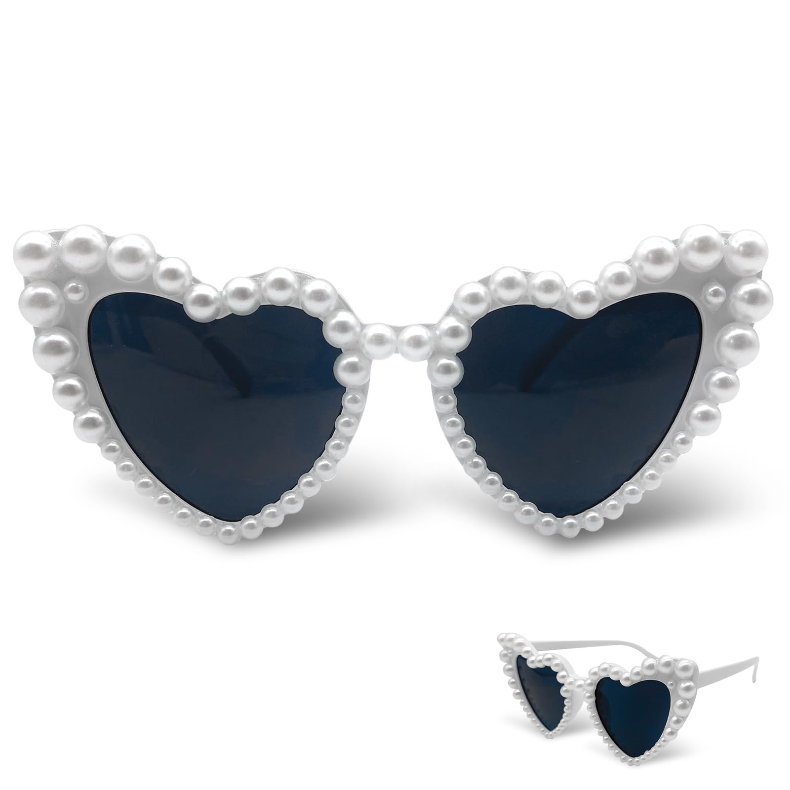 Cosysparks White Heart Sunglasses, Love Heart Shaped Pearl Sunglasses for Women Vintage Bride Glasses Cat Eye Sunglasses for Festival Party Travel