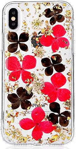 Slim Clear Case for iPhone 10, iPhone X Glitter Silicone Case, PLECUPE Soft Bling [Gold Foil Embedded] Real Pressed Flower TPU Silica Crystal Phone Cover for iPhone X, Flower#12