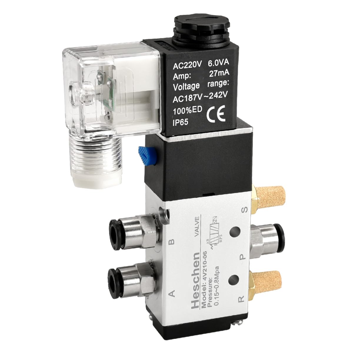 Heschen Electrical Pneumatic Solenoid Valve 4V210-06 12VDC PT1/8 5 Way 2 Position Single Coil Pilot-Operated Electric CE with Fittings and Muffler
