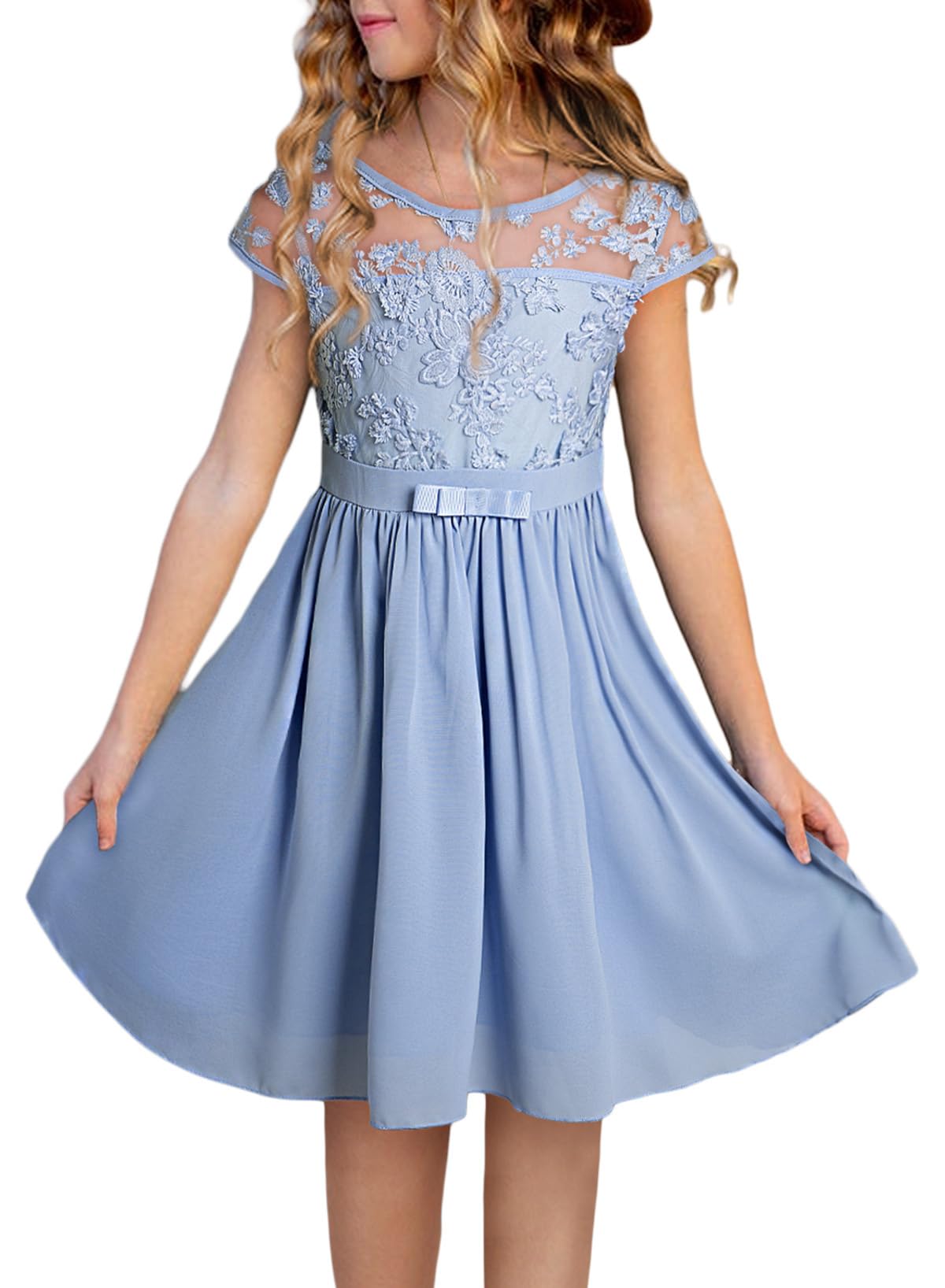 Photo 1 of blibean Girls Summer Dresses Big Kids Bow A-line Lace Mesh Short Sleeve Dresses Youth Junior Spring Elegant Fancy Flare Soft Party Clothes Size 8-9 Year Baby Blue