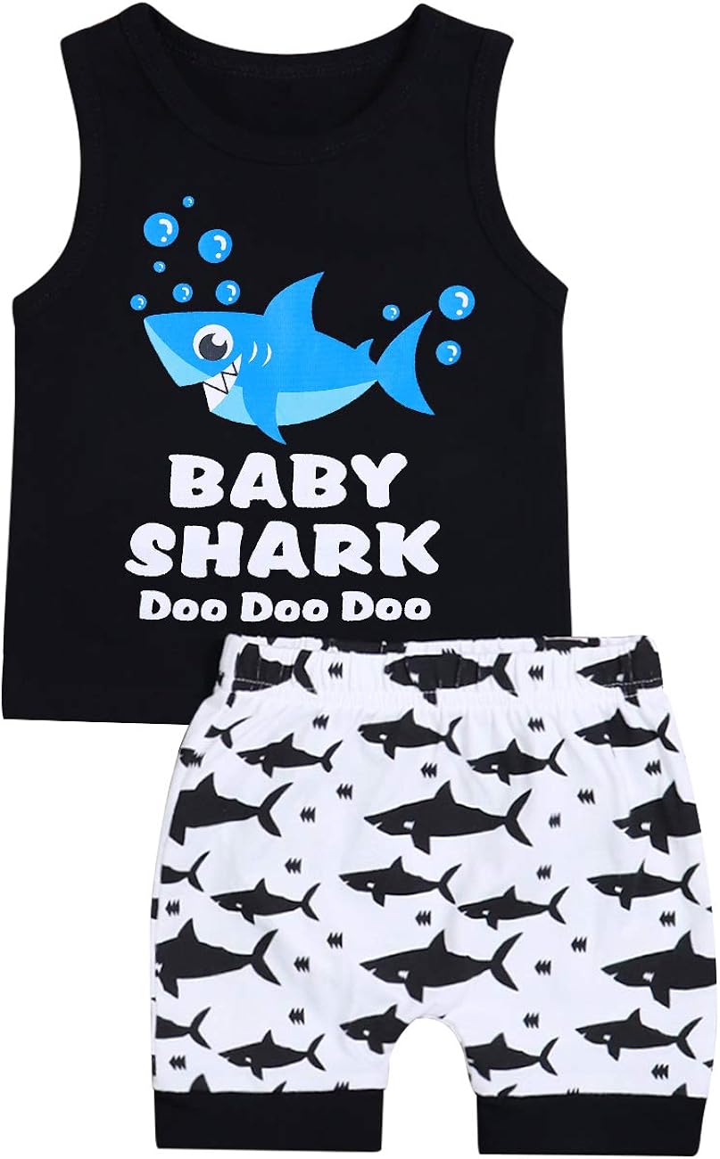 Baby Boy Girl Clothes Shark and Doo Doo Print Summer Cotton Sleeveless Outfits Set Tops and Short Pants