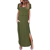 Ekouaer Women's Nursing Dress Summer V Neck Short Sleeve Maternity Split Long Dresses for Breastfeeding with Pockets S-XXL