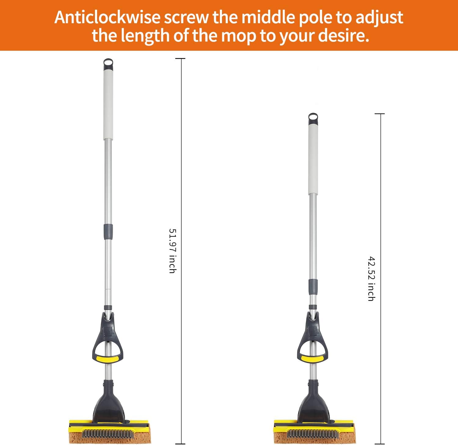 Yocada Sponge Mop Home Commercial Use Tile Floor Bathroom Garage Cleaning with Squeegee and Extendable Telescopic Long Handle 41-53 Inches Easily Dry Wringing: Kitchen & Dining