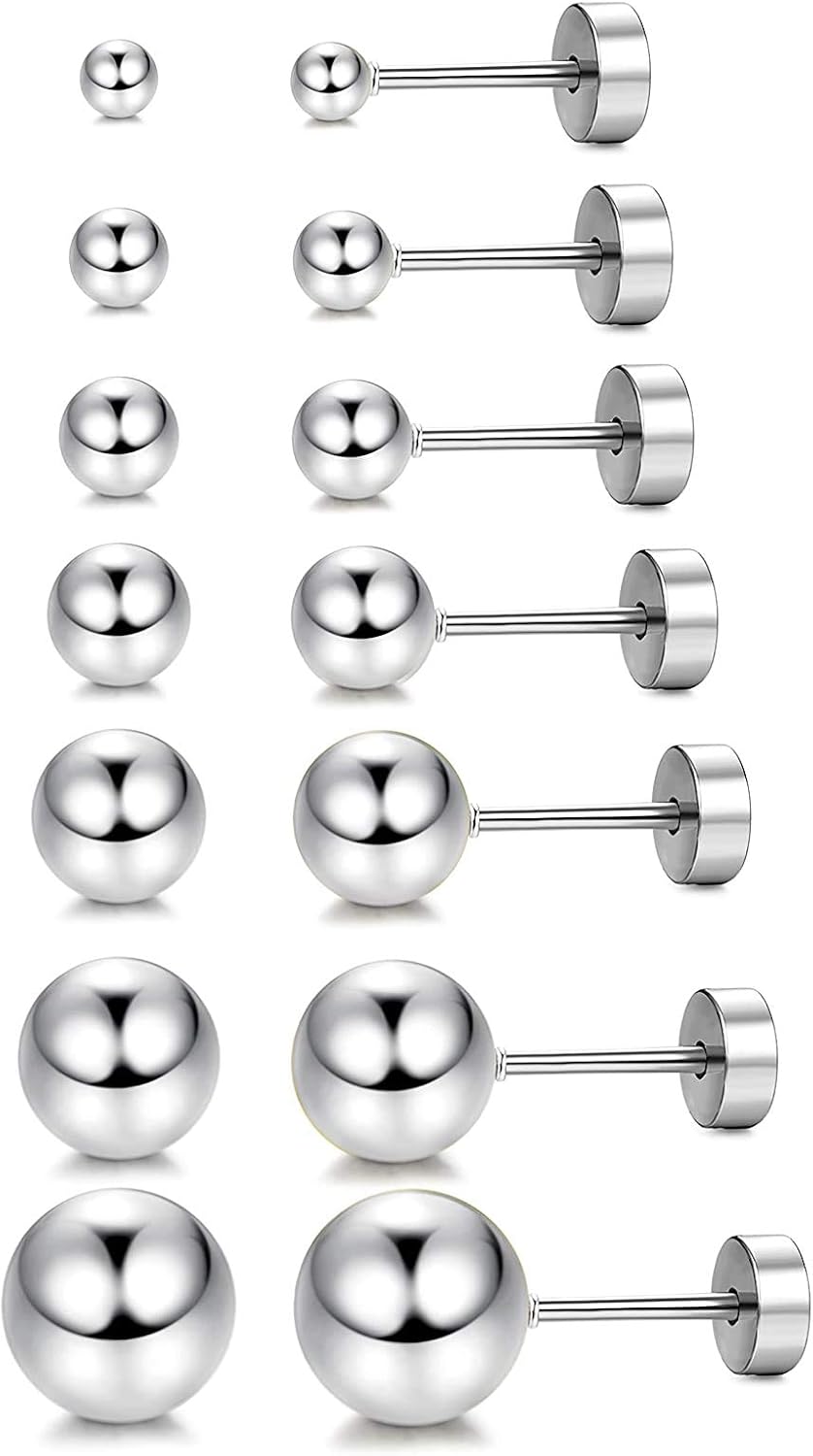 Finrezio 7 Pairs Stainless Steel Flat Back Ball Earrings for Men Women