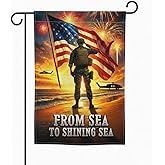 FLAGMEUP8386 US Marine Tribute Garden Flag 12x18 In Doublesided Saluting Soldier Fireworks Beach Scene From Sea to Shining Sea Outdoor Decor for Veterans Day, 9/11 Remembrance & Holiday Gift