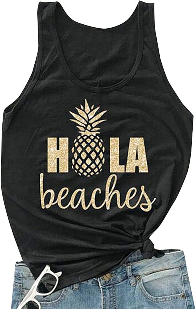 Hubery Women Casual Hola Beaches Letter Print Tanks Shirt Pineapple Print Tops Tee