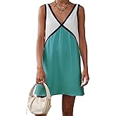 Muineobuka Womens Patchwork Aesthetic Satin Dresses Summer Sexy Casual Loose Sleeveless V Neck Color Block Maxi Dress