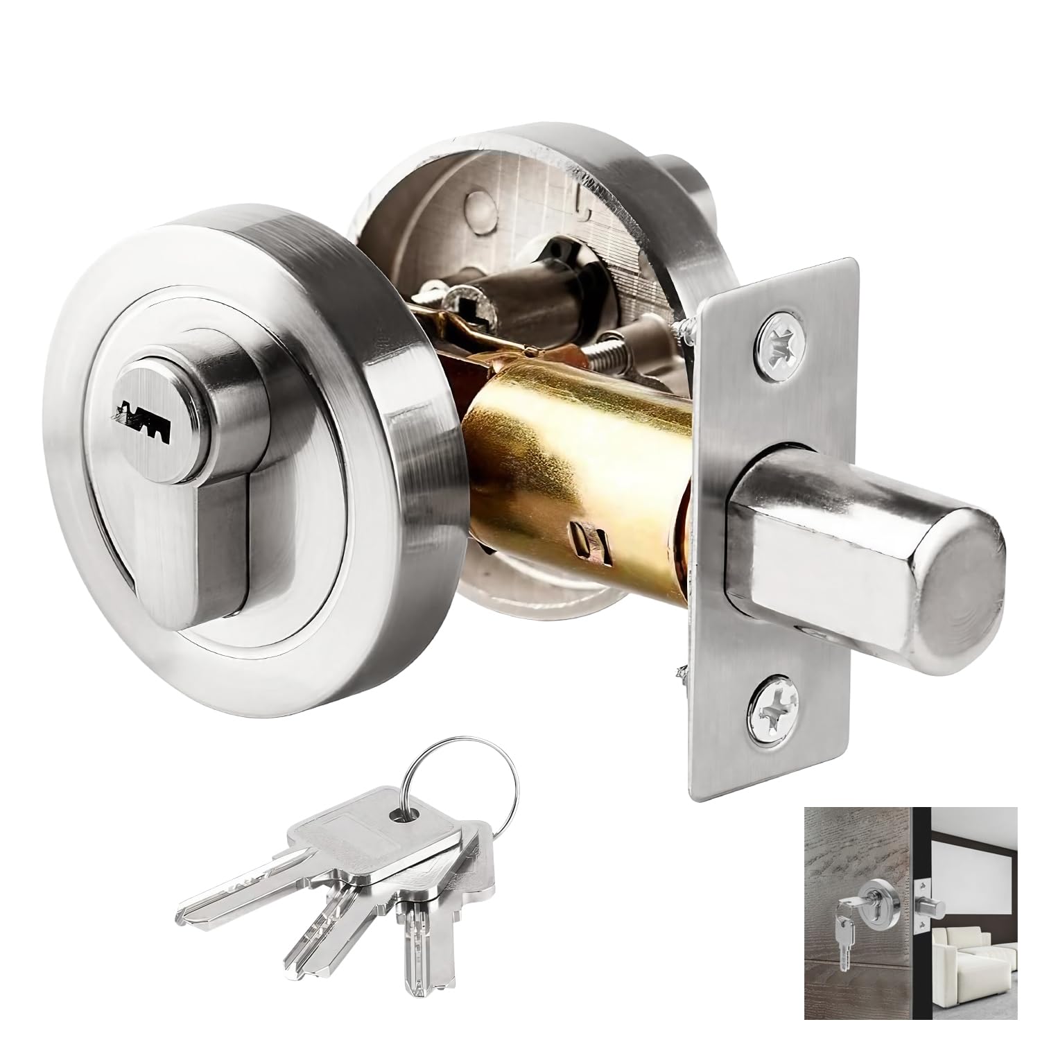 Zinc Alloy Single Cylinder Deadbolt with Keys for Front Door, Entrance, Bathroom, Bedroom - Round Lock 35-50mm (Silver)