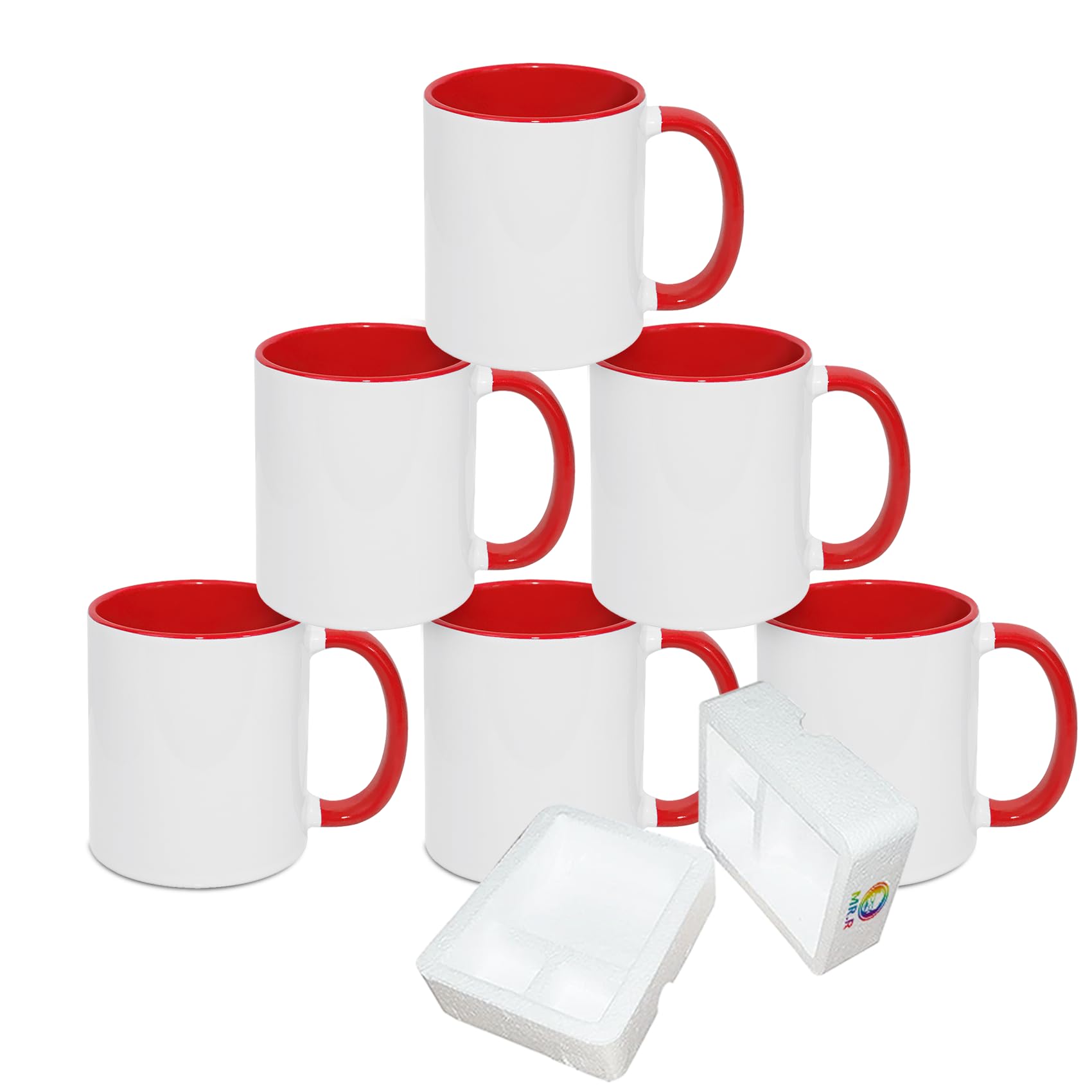 MR.R 11oz Sublimation Blank Coffee Mugs,Cup Blank White Mug Cup with Red Color Mug Inner and Handle,Set of 6