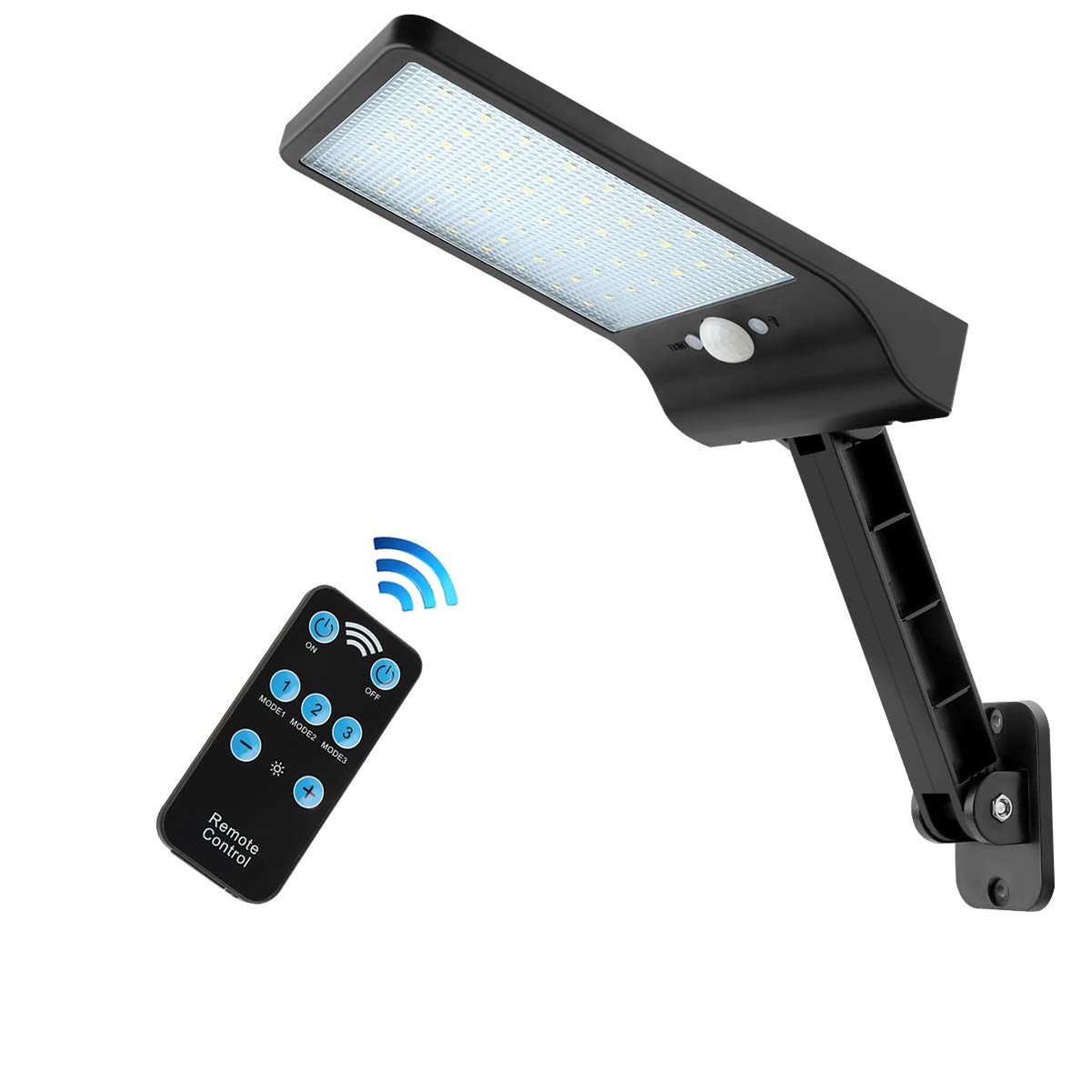 Auzev 56 Led Remote Solar Lights Outdoor 180&deg; Adjustable Bracket Security Dimmable Night Light Wireless Motion Sensor 3 Lighting Modes with Mounting Rod for Courtyard Deck Road Home