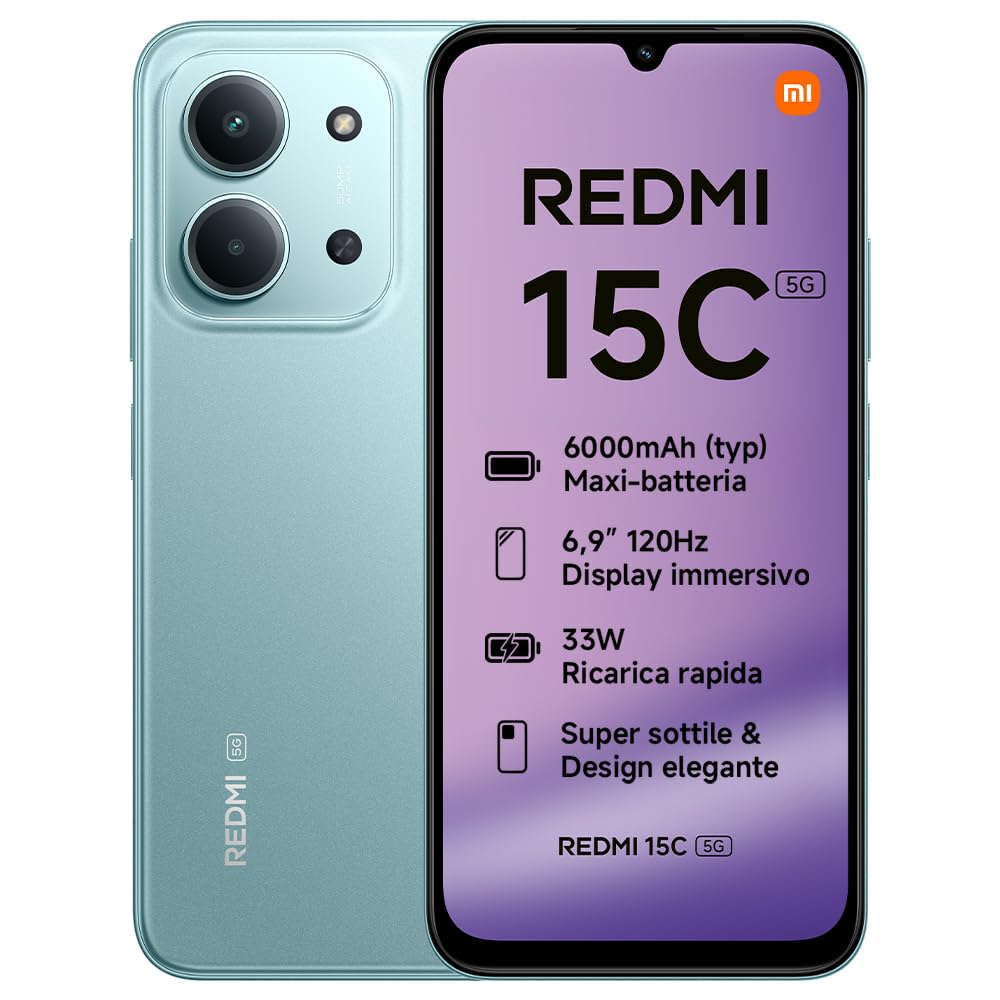 Xiaomi Redmi 15C 5G, Smartphone 4+256GB, Display 6,9" 120Hz, MediaTek Dimensity 6300, processore 5G, Dual camera AI 50MP, Mega batteria da 6000mAh, Garanzia 2 anni, Verde, Caricabatterie non incluso