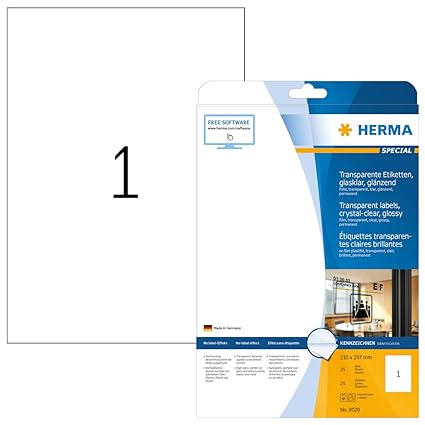 Herma 8020 Wetterfeste Folien-Etiketten transparent glasklar (Format DIN A4 210 x 297 mm) 25 Aufkleber, 25 Blatt Klebefolie g