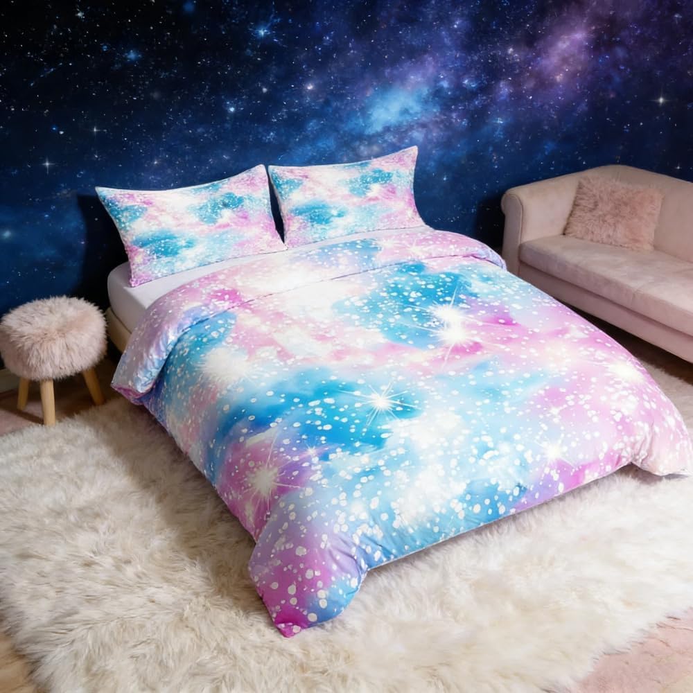 Loussiesd Fantasy Girly Bedding Set Decortaive 3 Pcs Shiny Blue Pink Purple Pastel Colors Duvet Cover for Girls Cute Bling Galaxy Print Bedspreads King Comforter Cover for Kids Teens Colorful — image 1