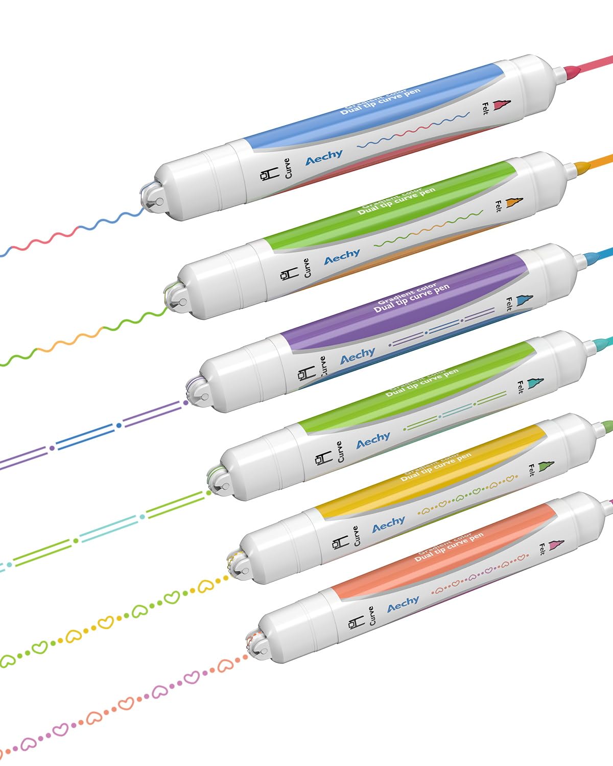 AECHY 6PCS Dual Color Highlighter Pens - 1 Stroke 2 Colors! Dual Tip Pens with 3 Curve Shapes & 6 Vibrant Colors for Note Taking, Underlining, Journaling, No Bleed Acid-Free Ink, for School,Office,Art