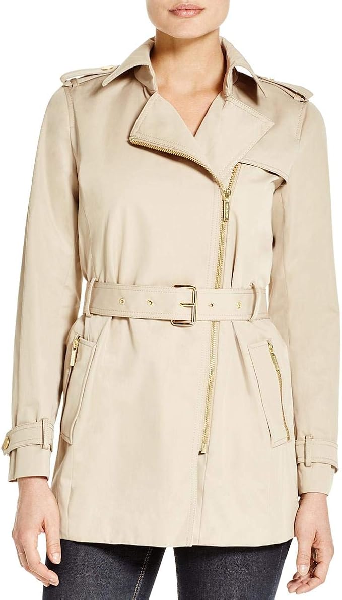 MICHAEL Michael Kors Womens Asymmetric Zip Front Trench Coat Tan L