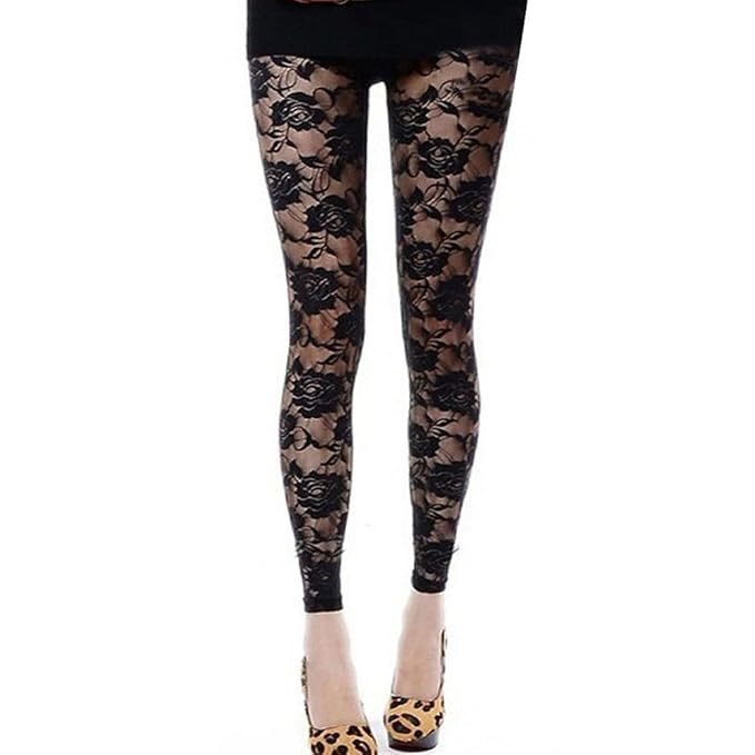 Sondereu Spitze Leggings, Damen Dehnbare Durchsichtige Schlanker Schnitt Spitze Knöchellange Hosen Hose Rose Blumen Leggings 
