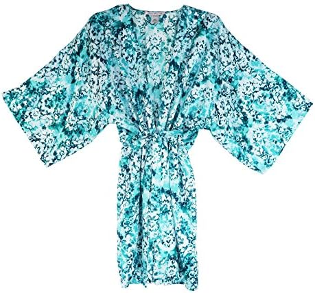 Linea Donatella Womens Satin Floral Print Short Robe Blue S/M