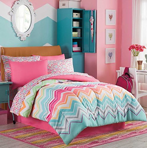 Rainbow Sherbet, Chevron, Teen Girls Colorful Twin Comforter Set (6 Piece Bed In A Bag) + HOMEMADE WAX MELT