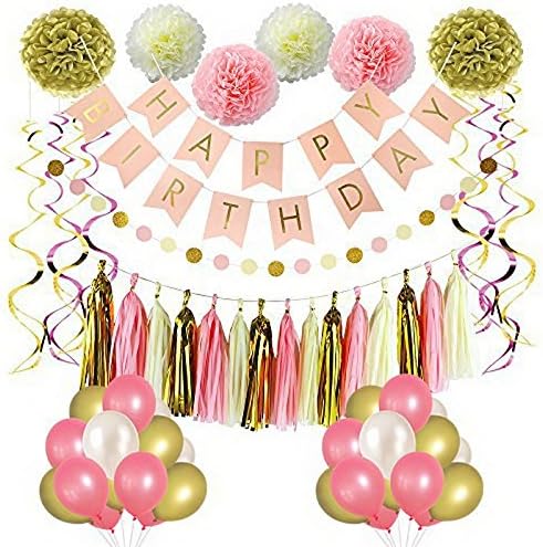 PartyPlanet Happy Birthday Party Decorations, Happy Birthday Banner, Pink and Gold Girl Birthday Party Supplies, Tissue Pom Poms, Balloons, Dot Paper Garland, Tassels