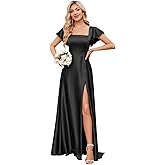 Trifetcrow Satin Bridesmaid Dresses with Slit Square Neck Prom Dress Flutter Sleeve A Line Formal Evening Gowns for Women