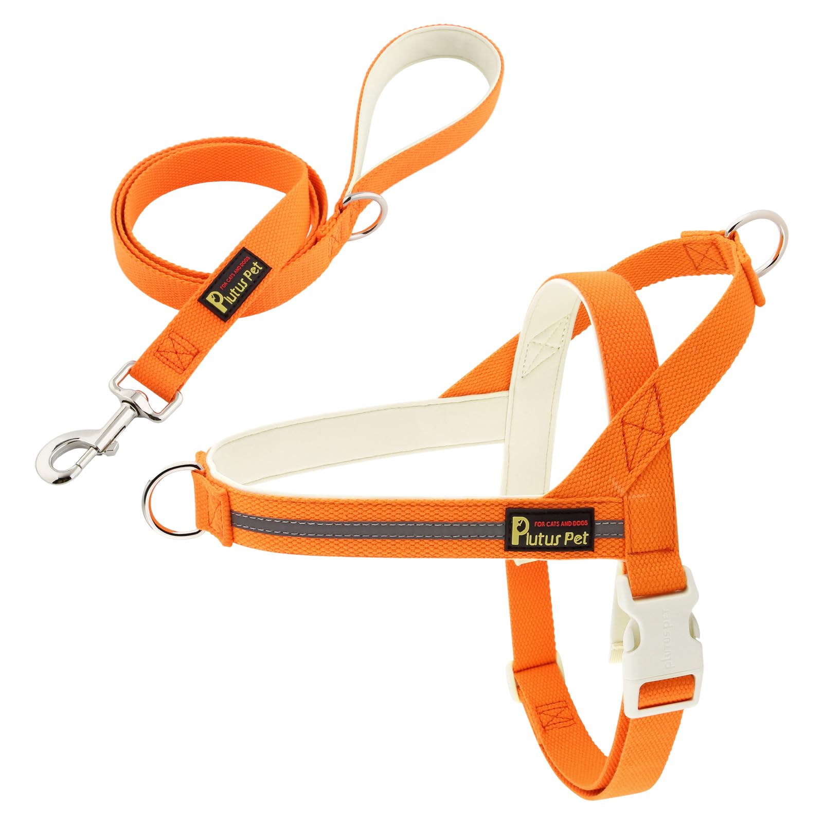 Plutus Pet Cotton Dog Harness and Lead Set, Reflective and Soft Padded, Quick Fit Vest Harness, for Small, Medium and Large Dogs, Orange, M
