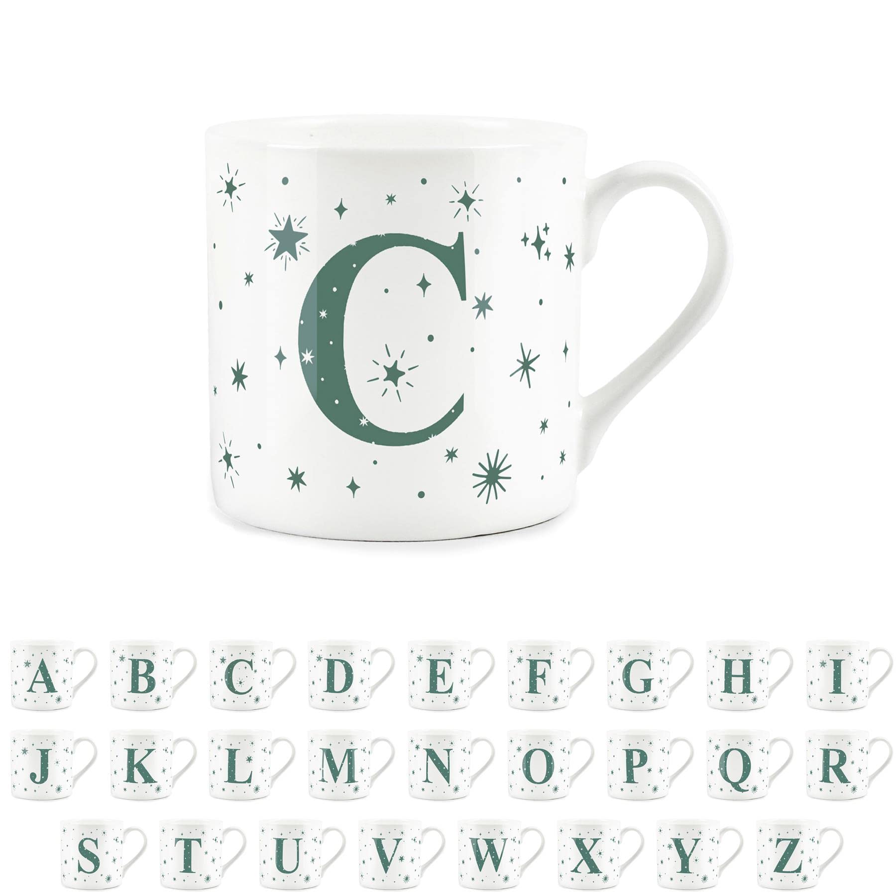 Purely Home Letter C Star Mug - Bone China White Coffee/Tea Present Gift - Alphabet Letter Mug with Stars in Teal Green Blue