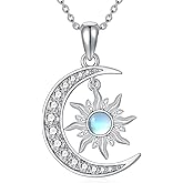 QKABTI Moonstone Necklace Sterling Silver for Women, Crescent Moon and Sun/Saturn Pendant Celestial Jewelry Christmas Birthday Gifts