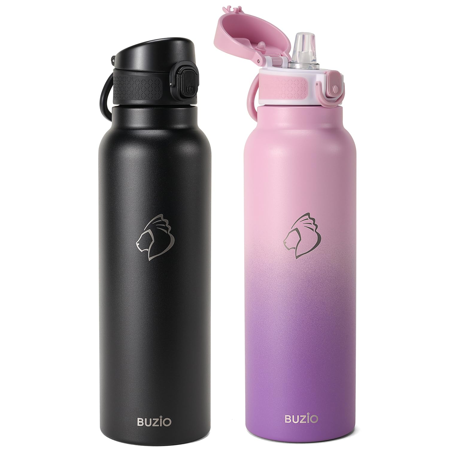 BUZIO 2 Pack Insulated Water Bottle with Straw 1L - Stainless Steel Water Bottle with Straw 1L and POPUP Lid - BPA Free - Cold for 48 Hrs - 100% Leak Poof - 1L Water Bottle - Black&Purple