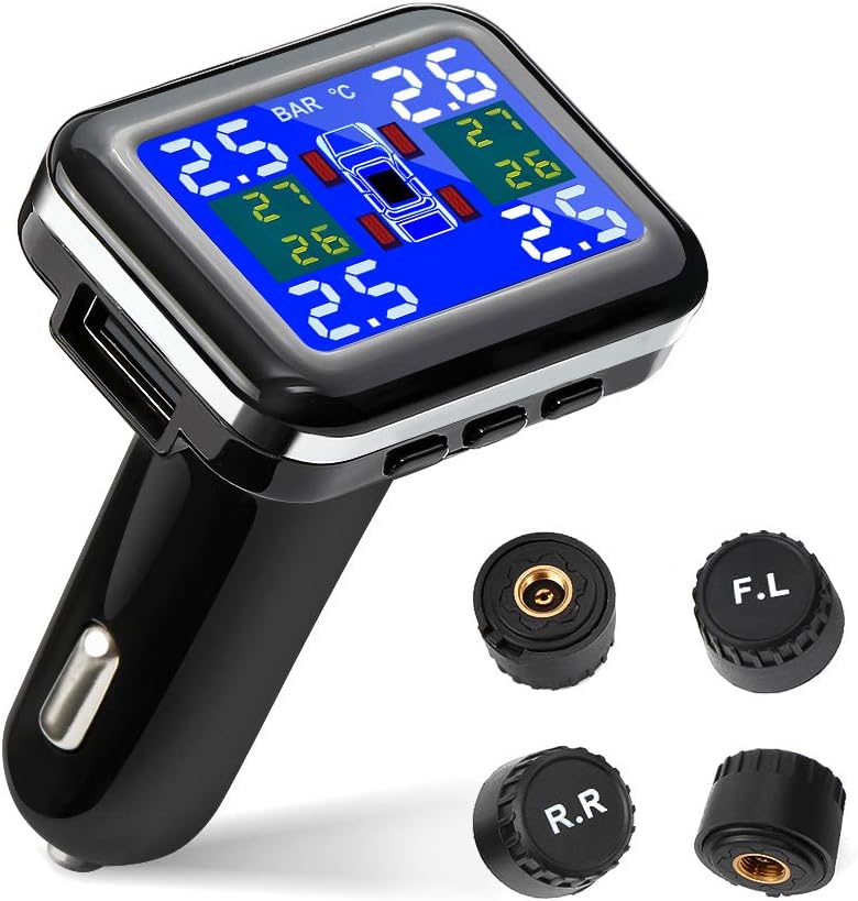 Tsumbay TPMS Car Tire Pressure Monitoring System Wireless Real-time Alarm with 4pcs External Sensors (1.1-3.5 Bar/ 16-51 Psi), Temperature and Pressure LCD Display