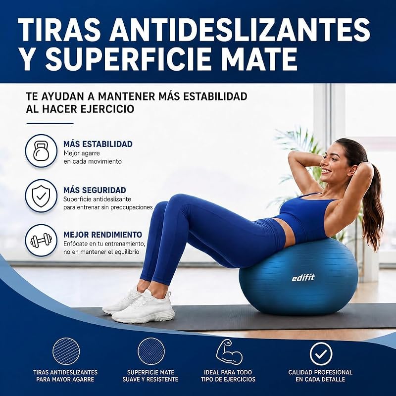 , Pelota de Pilates, 55,65 y 75, Ejercicio en Casa, Incluye Hinchador, Fitball, Embarazadas, Accesorios Yoga, Gimnasio, Varios Tamaños (75cm, Azul)