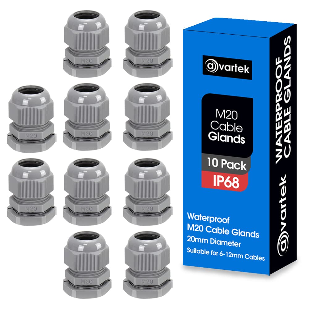 10 Pack M20 20mm IP68 Waterproof Grey Cable Glands, Suitable for 6mm - 12mm Cables, Plastic Nylon Compression Glands Connectors with Locknut and Washer - AVARTEK